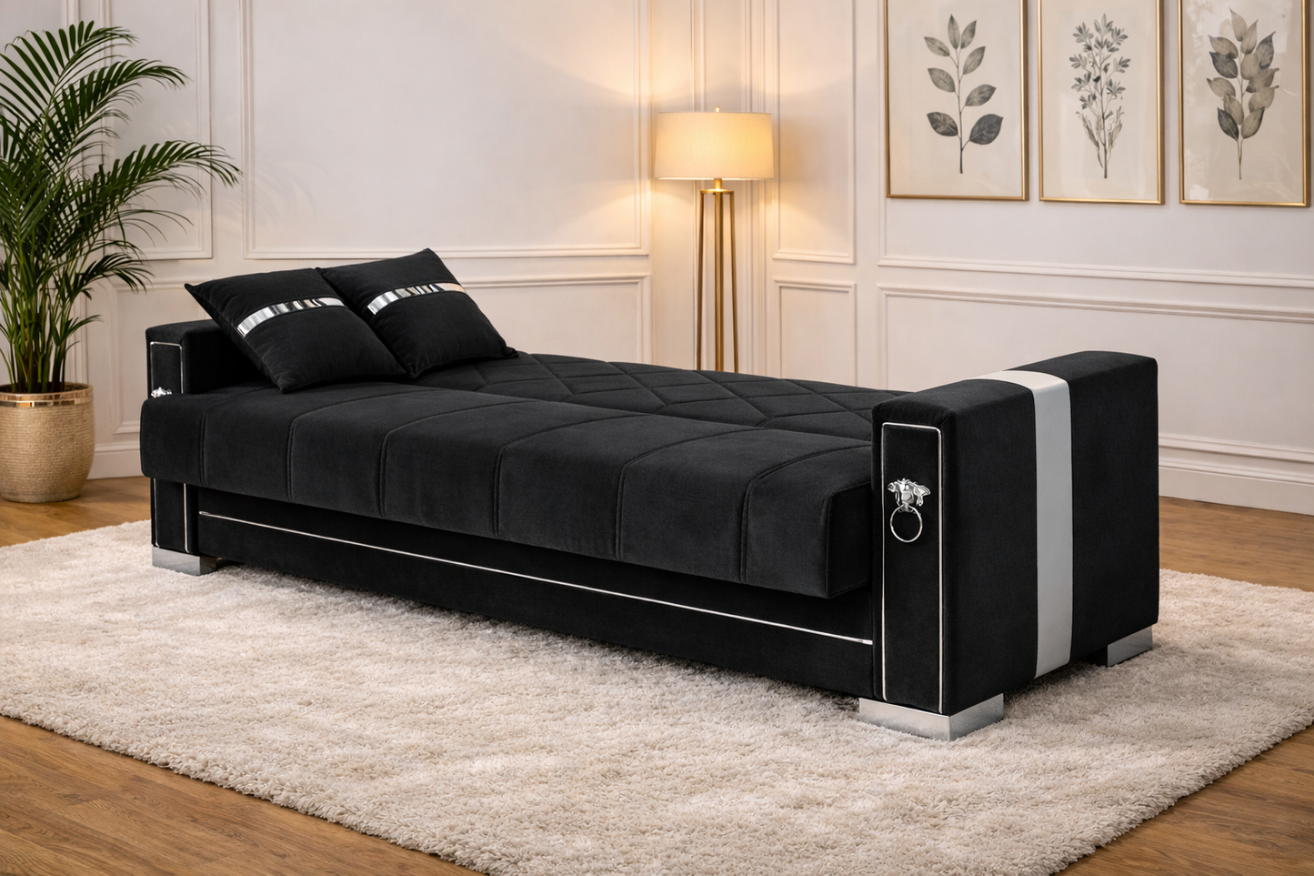 Modern Velvet Sofa Bed – 2 & 3 Seater Convertible Couch with Silver Accents