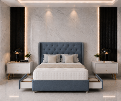 Seoul Wing Beading Divan Bed with Drawer & Floorstanding Headboard