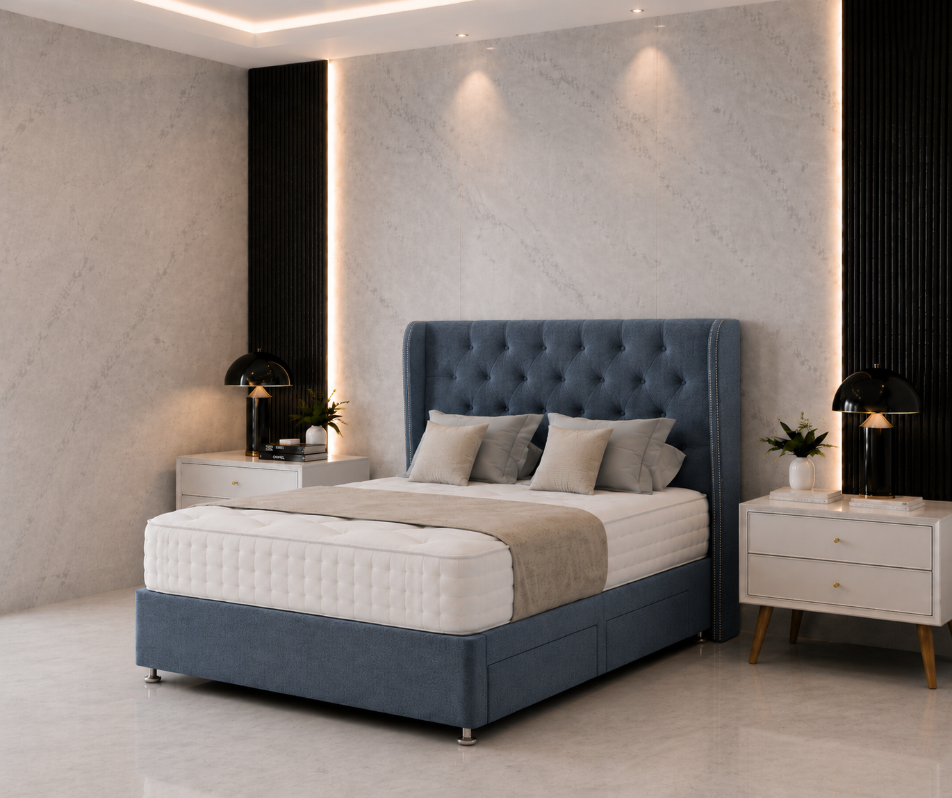 Seoul Wing Beading Divan Bed with Drawer & Floorstanding Headboard