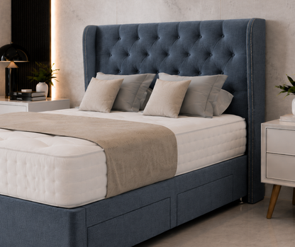 Seoul Wing Beading Divan Bed with Drawer & Floorstanding Headboard