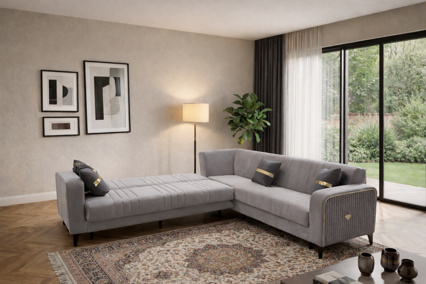 Luxury L-Shape Corner Sofa Bed – Velvet Sectional Sofa Bed