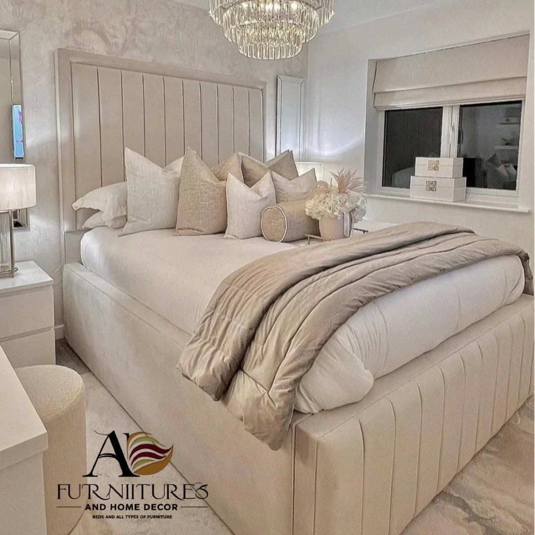 Luxury Beds (4) Tall Headboard Upholstered Bed Frame – Fabric or Plush Velvet - Image 1